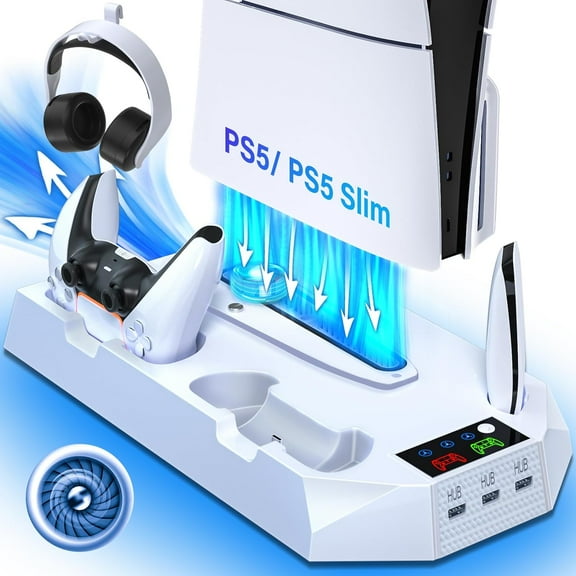 PS Slim Stand with Cooling Station for PS5 & PS5 Slim Console Disc/Digital Edition, PlayStation 5 Cooling Station with Dual PS5 Controller Charger, 3 Levels Cooling Fan, 3 USB Hubs, Headset Holder