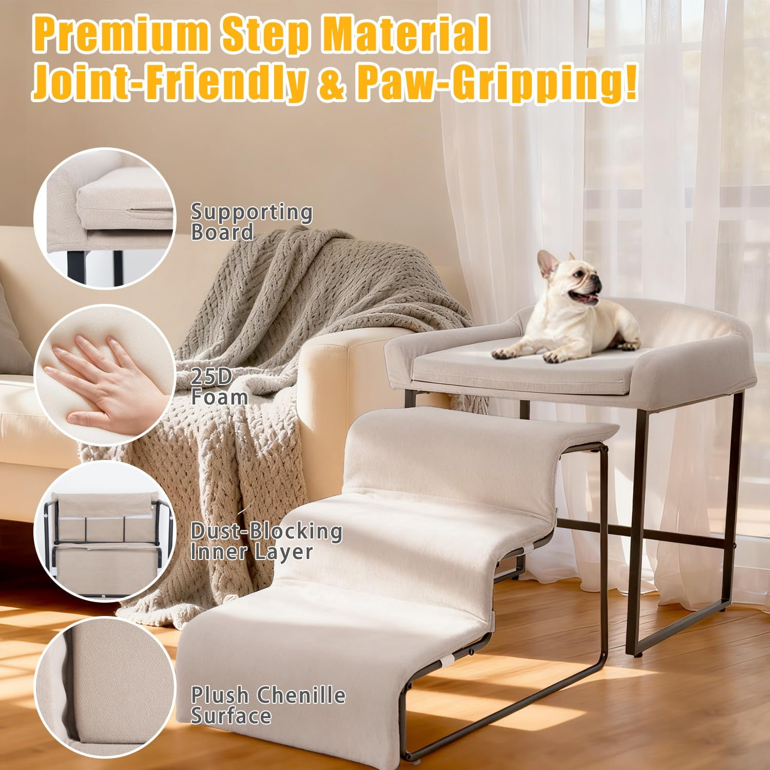 Dog Window Perch with Stairs, Pet Stairs Ramp with Seat, Dog Perch to Look Out Window with Ramp, Lounge Elevated Dogs Bed, Small Pet Step, Multi-Level Platform with Foam Upholstery