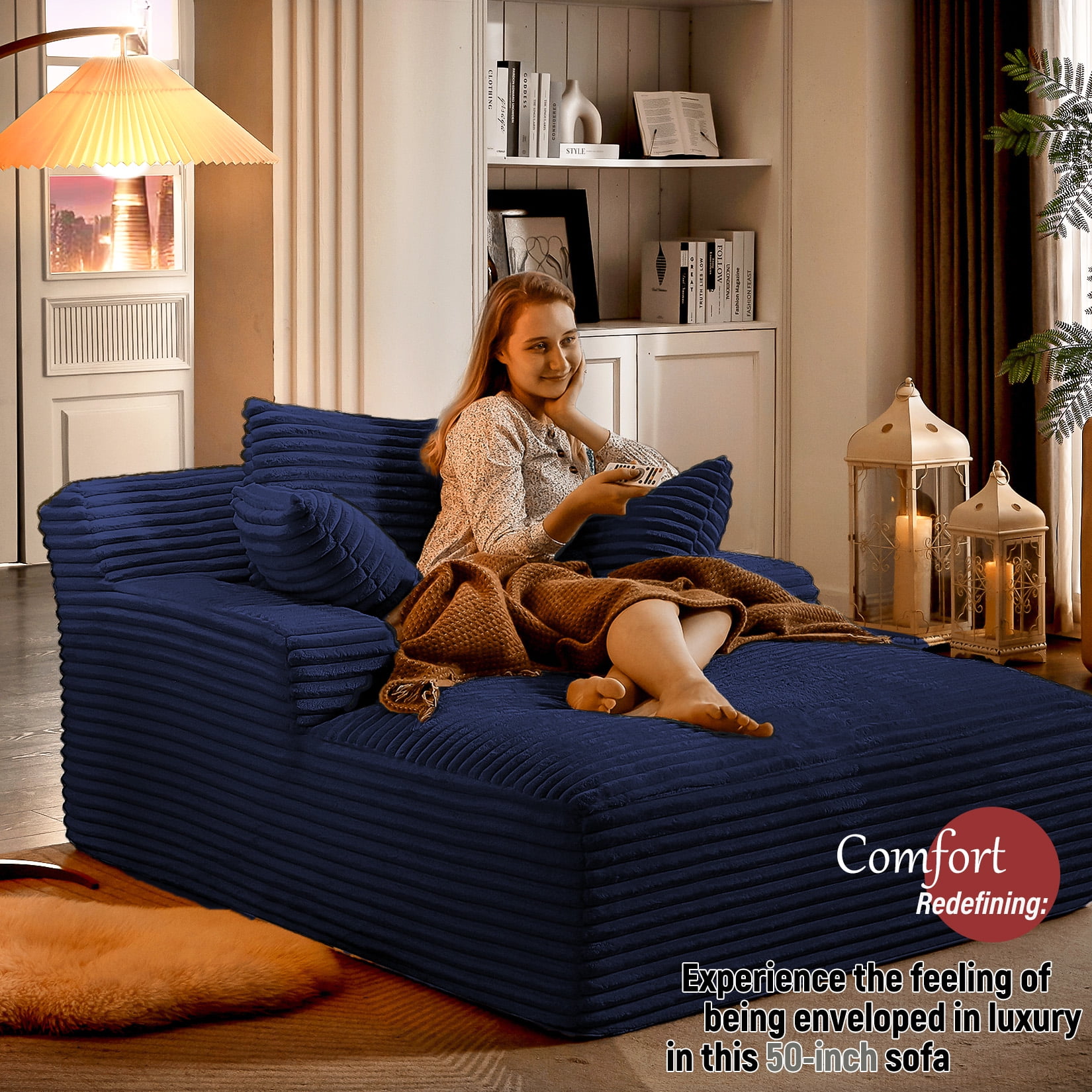 Chaise Lounge Chair Indoor, 50'' Upholstered Sofa Bed with 2 Throw Pillows, Comfy Lounge Indoor, Sleeper Reading Chair, Oversized Recliner Sofa, Fluffy Couch (Blue)