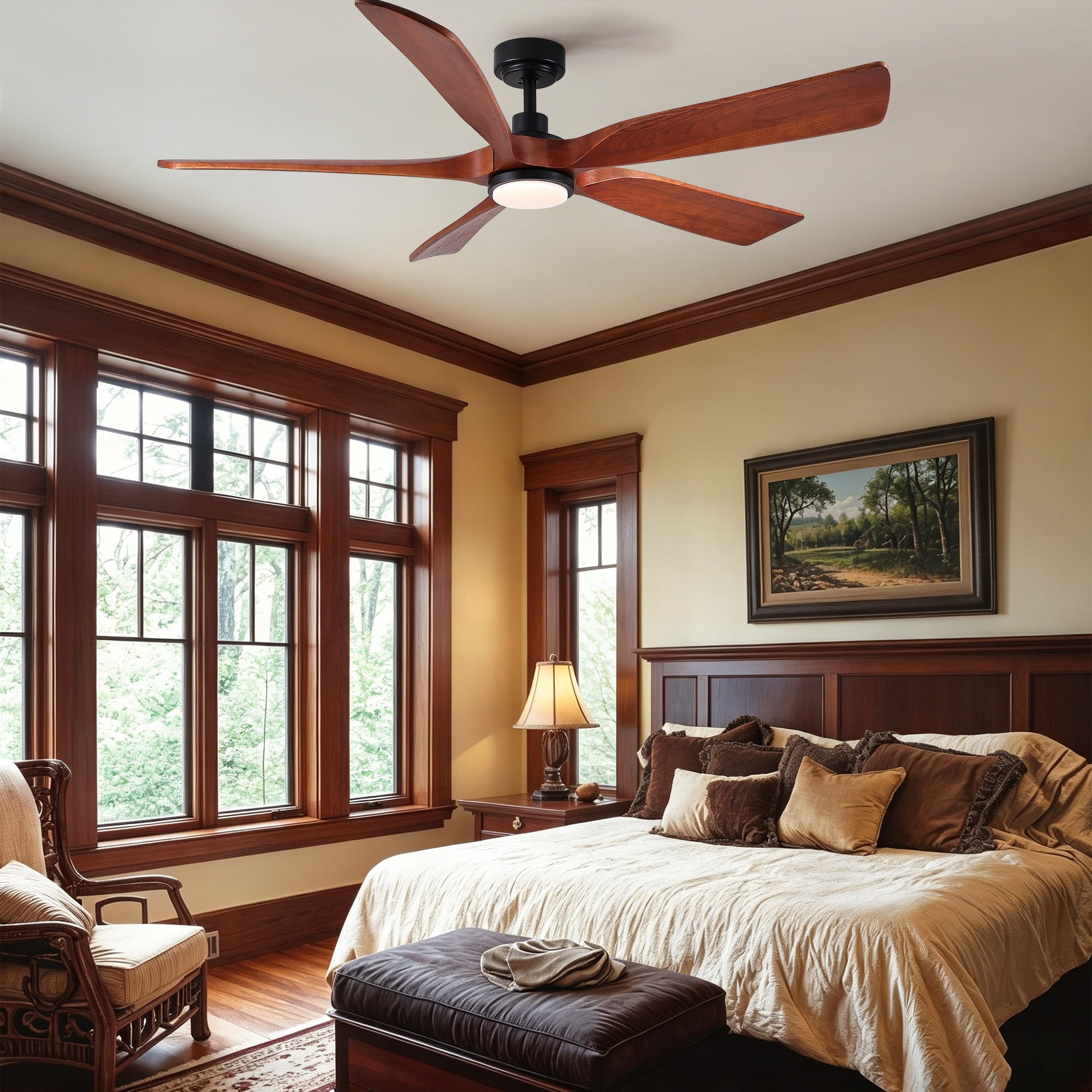 60" Vintage Mahogany Solid Wood Ceiling Fan with Light and Remote Control, Noiseless, Dimmable, 3CCT, 6 Speeds Reversible, Quiet DC Ceiling Fans for Indoor or Covered Outdoor Use