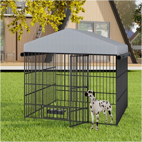 JERFIT 6.6x6.6ft Outdoor Dog Kennel with Roof Cover, Heavy-Duty Iron Pet Playpen, Waterproof & Lockable Dog Run for Large Dogs