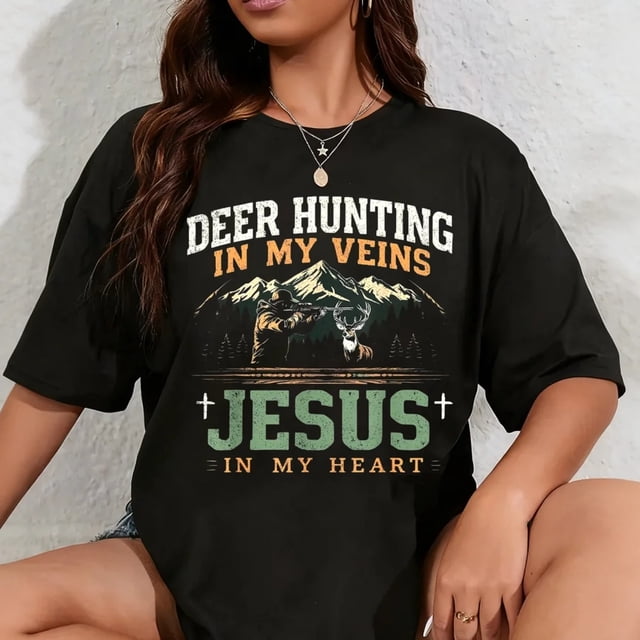 Camiseta de Mujer 100% Algodón - Cacería de Venados en Mis Venas, Jesús en Mi Corazón - Diseño Divertido Cristiano