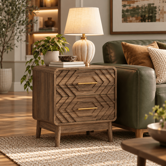TOPNEST 2-Drawer Nightstand, Walnut Mid-Century Modern Bedside Table with Carved Drawer Fronts, Metal Handles & Solid Pine Wood Legs, Compact Bedroom Storage Cabinet and Side Table