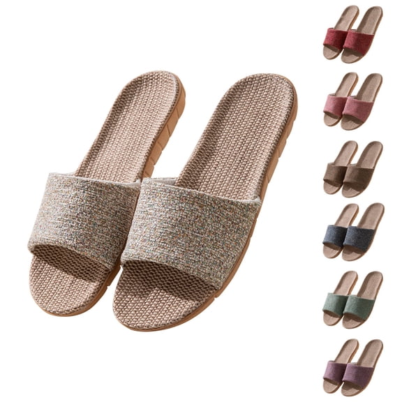 Linen Solid Wide-Strap Slippers Non-slip Soft Sole Breathable Casual Summer Footwear Beige 36