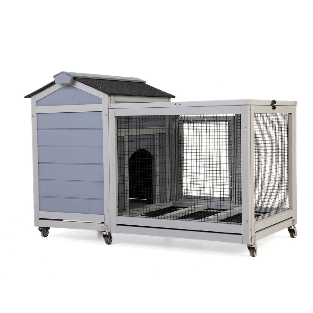 Resenkos Wooden Hutch, Weatherproof Pet Home With Wheels, Removable Tray, Rabbit, Duck, Squirrel, Guinea Pig Cage, Gray With Colorful Patterns