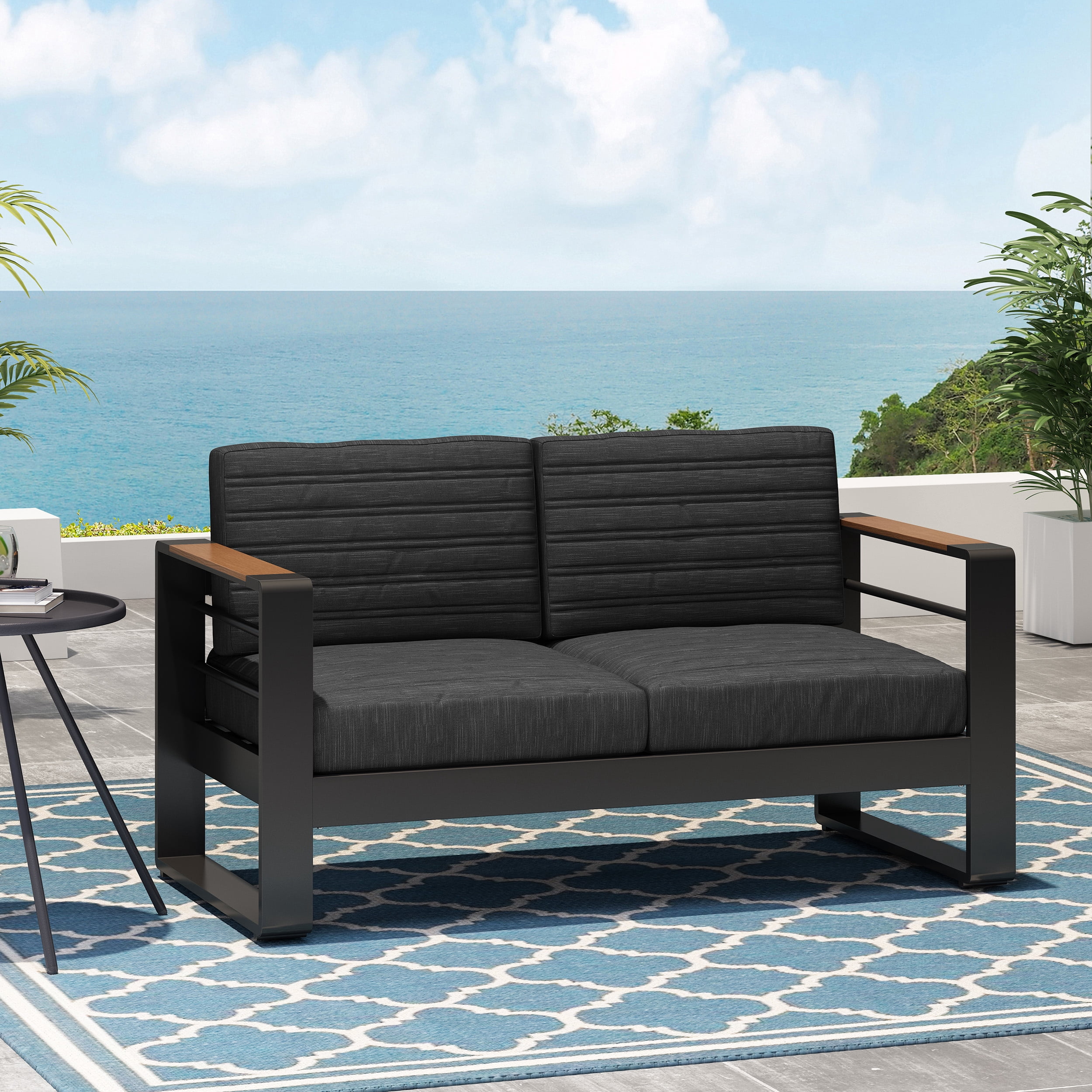 Outdoor Double Seat Sofa, Aluminum Frame Leisure Couch for Patio Garden, Black