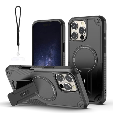 Dteck for iPhone 16 Pro Max Case with Kickstand & Phone Lanyard, Compatible with MagSafe Shockproof Bumper Cases Heavy-Duty Magnetic Protective Cover,Black