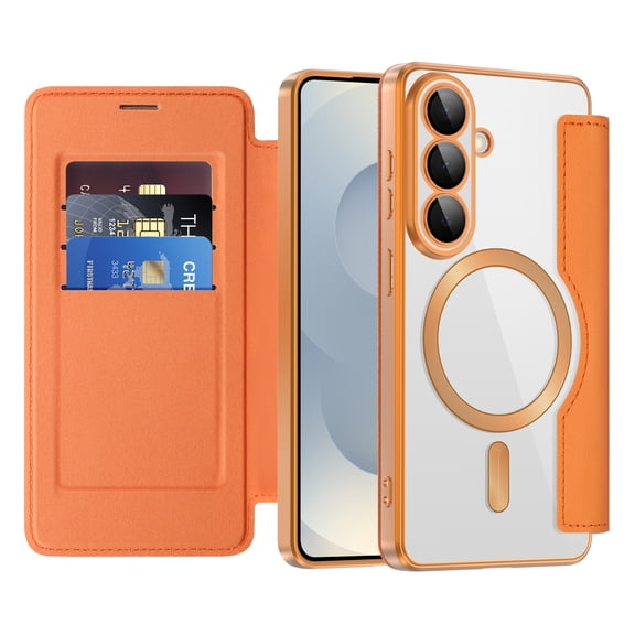 Dteck Wallet Case for Samsung Galaxy S26,Magnetic Leather Card Slots Case Compatible with Mag Safe Shockproof Clear Back Built-in Camera Lens Protector Cover for Galaxy S26,Orange