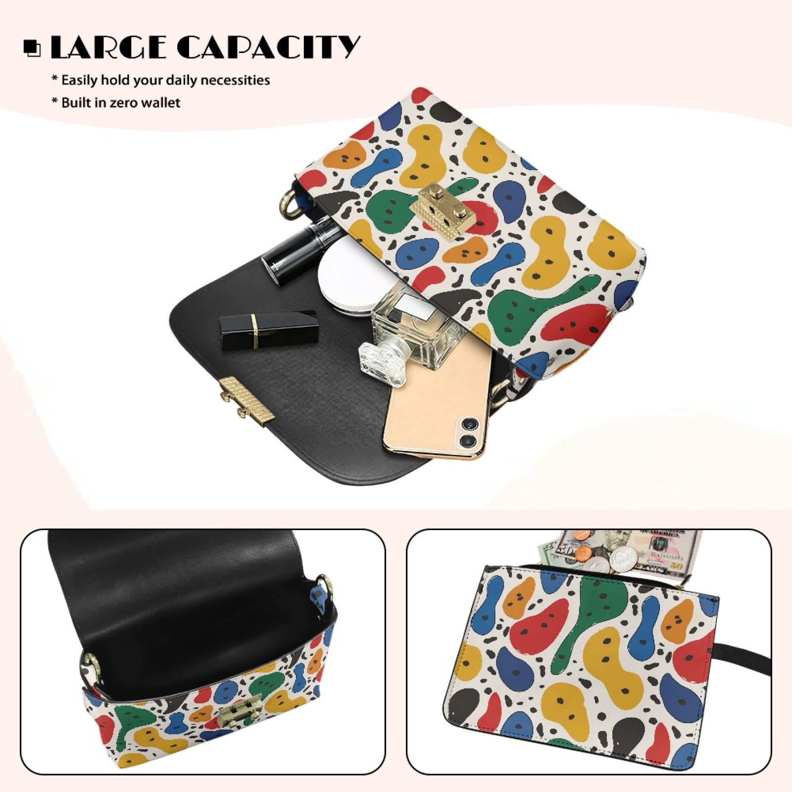 SCRAWLGOD Abstract Geometry Spot Print Crossbody Purses for Women Trendy, Crossbody Bags, Cell Phone Camera Leather Shoulder Handbags with Metal Buckle