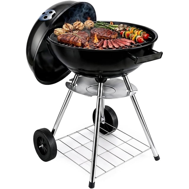 Parrilla BBQ Asador De Carbon Redonda Para Carne Asada Anafre Parrilla De Carbon Con Rejilla Facil De Limpiar Compacto De Acero Inoxidable (NEGRO)