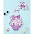 thumbnail image 2 of KIMI BEAR Newborn Baby Girls One-piece Swimsuits 0-3 Months Summer Bathing Suits Off the Shoulder Sleeveless Halter Bow Floral Beach Wear Holiday Rash Guard with Headband 2pcs Purple, 2 of 7
