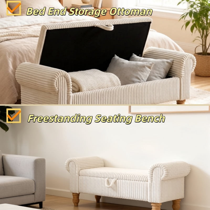 51.5'' Upholstered Corduroy Storage Ottoman Bench with Hinged Lid, Freestanding Bench Bed End Hidden Storage Footrest