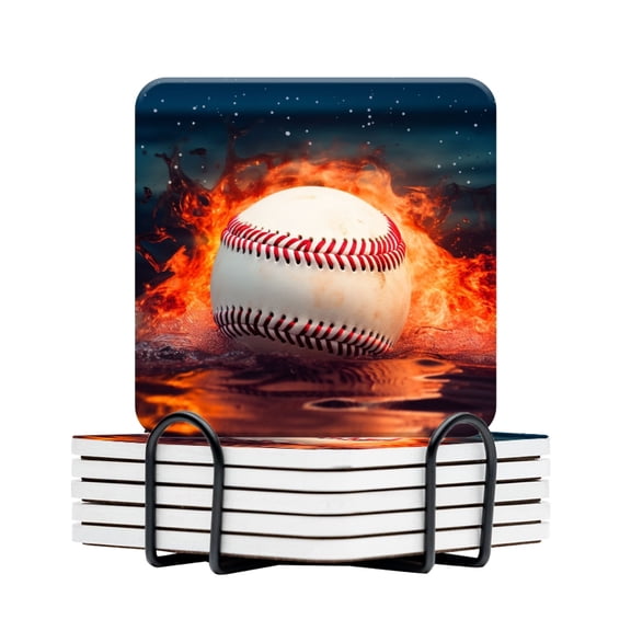 BaHomeck Drink Coasters Set Of 6 With Holder Baseball In Fire And Splashing Water Water Absorbent Ceramic Coasters Tabletop Protection,Suitable For Various Cup,Home Decor