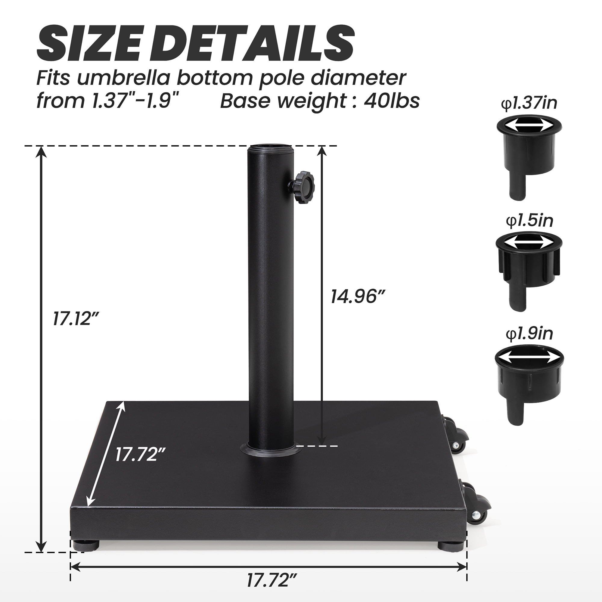 Crestlive Products Outdoor Umbrella Base, 43 lbs Square Concrete Umbrella Stand with 2 Wheels, Black