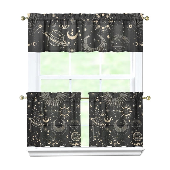 Steampunk Sun and Moon Kitchen Curtains Set Constellation Map Design 3-Piece Celestial Gothic Tier and Valance Rod Pocket Curtains for Home