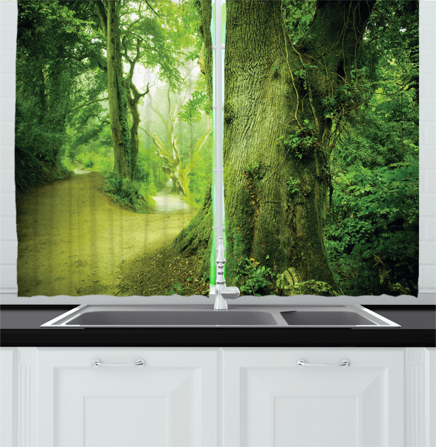 Fairy Curtains 2 Panels Set, Enchanted Forest Photograph with Fantastic