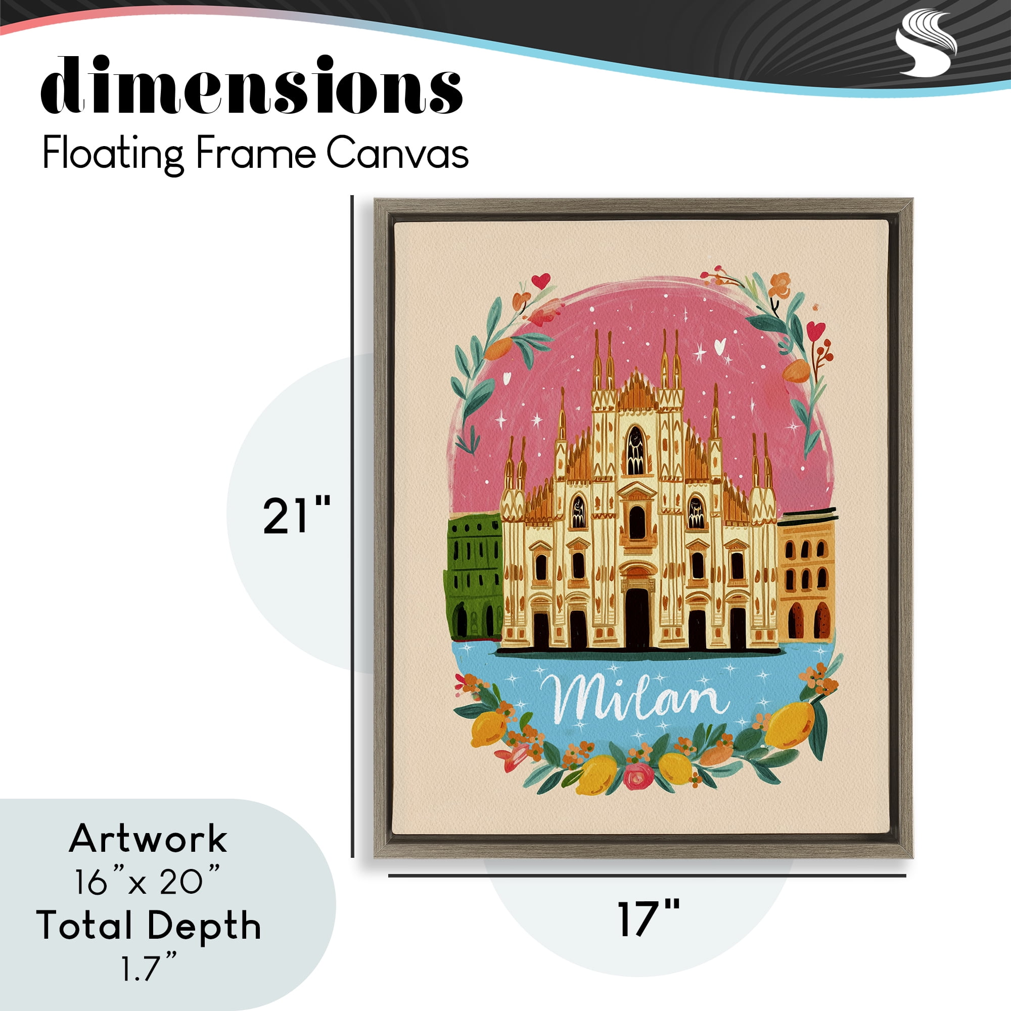 Floral Bordered Milan Brown Framed Floater Canvas Wall Art, design by Yen