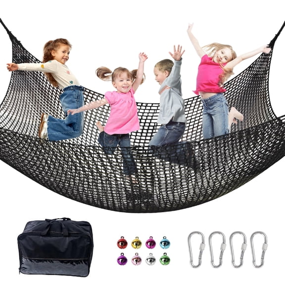 JumpTrzz Climbing Net for Kids - 9.9FT x 9.9FT Double Layer Heavy Duty Playground Climbing Cargo Net, Safety Mesh for Tree House & Back Yard (Black)