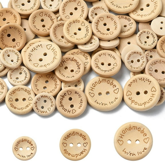 1 set 100pcs 5 styles Wooden Buttons 2-Hole Flat Round with Word Handmade with Love Blanched Almond 15~25x3~4mm Hole: 2mm 20pcs/style