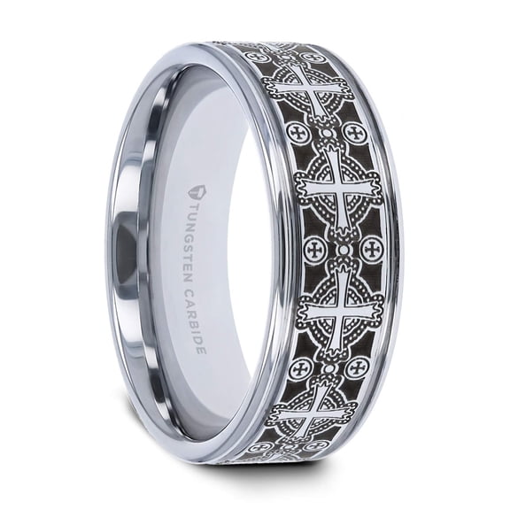 Thorsten DEACON | Tungsten Rings for Men | Tungsten | Comfort Fit | Flat Grooved Wedding Ring Band with Engraved Intricate Cross Pattern - 8mm