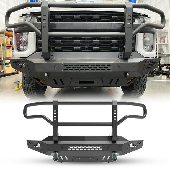 2020-2024 Chevy Silverado 2500 2500 HD 3500 3500 HD Heavy Duty Steel Front Bumper w/D-Rings&LED Pod Lights,Main Body Side Wings Bull Bar