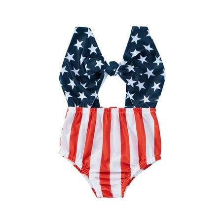 

Bebiullo 4th of July Baby Girls Swimwear Stripe and Star Printing Sleeveless One-piece Swimsuit Tankini Bikini