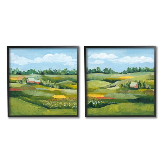 Stupell Rural Country Farm Pastures Landscape Painting Black Framed Art Print Wall Art, Set of 2
