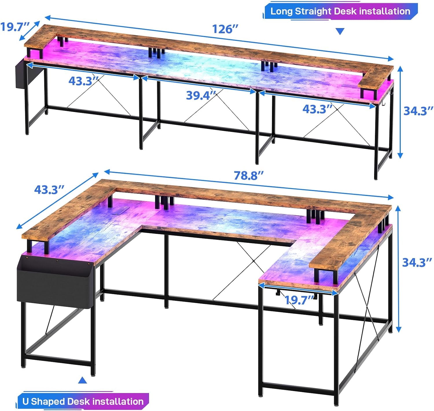 U Shaped Desk with Power Outlets & LED Lights, 79" Reversible L Shaped Desk, Corner Computer Desk Office Desk with Full Monitor Stand,Rusitc Brown