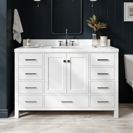ARIEL Cambridge 54" White Bathroom Vanity, 1.5" Edge Carrara White Quartz Countertop & Splash, Rectangular Sink, 2 Soft Closing Doors, 9 Full Extension Dovetail Drawers, Brushed Nickel