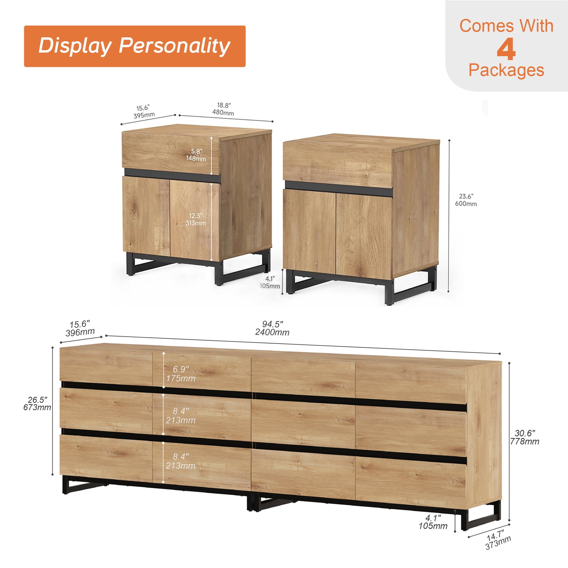 WAMPAT Modern 4-Piece Bedroom Furniture Set, 94.5 Inch Dresser with 12 Drawers & 2 Nightstands with Drawer and Cabinet Design, Oak
