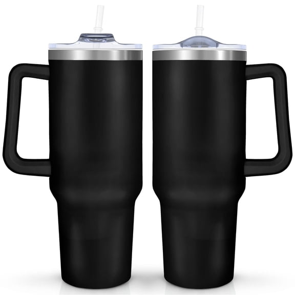 40oz Tumbler with Handle & Straw, Sleek Black Insulated Stainless Steel Travel Mug, Leakproof Lid, Fits Car Cup Holder for Gym, Office