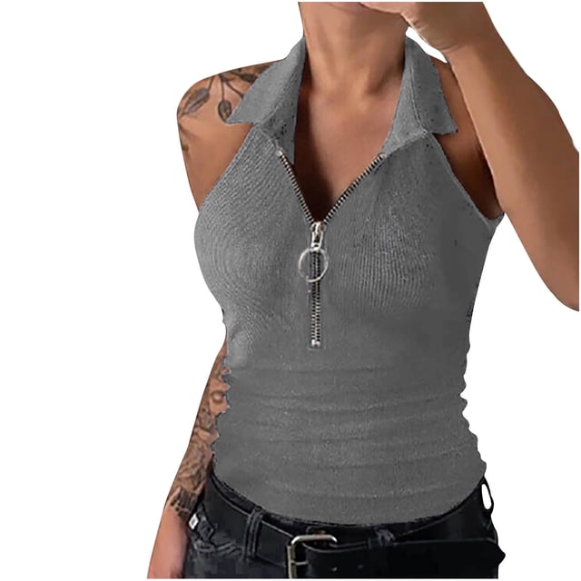 Timegard Débardeurs Grande Taille pour Femmes Col en V à Revers Fermeture Éclair Côtelé Sans Manches Confortables Hauts Slim Mode Été