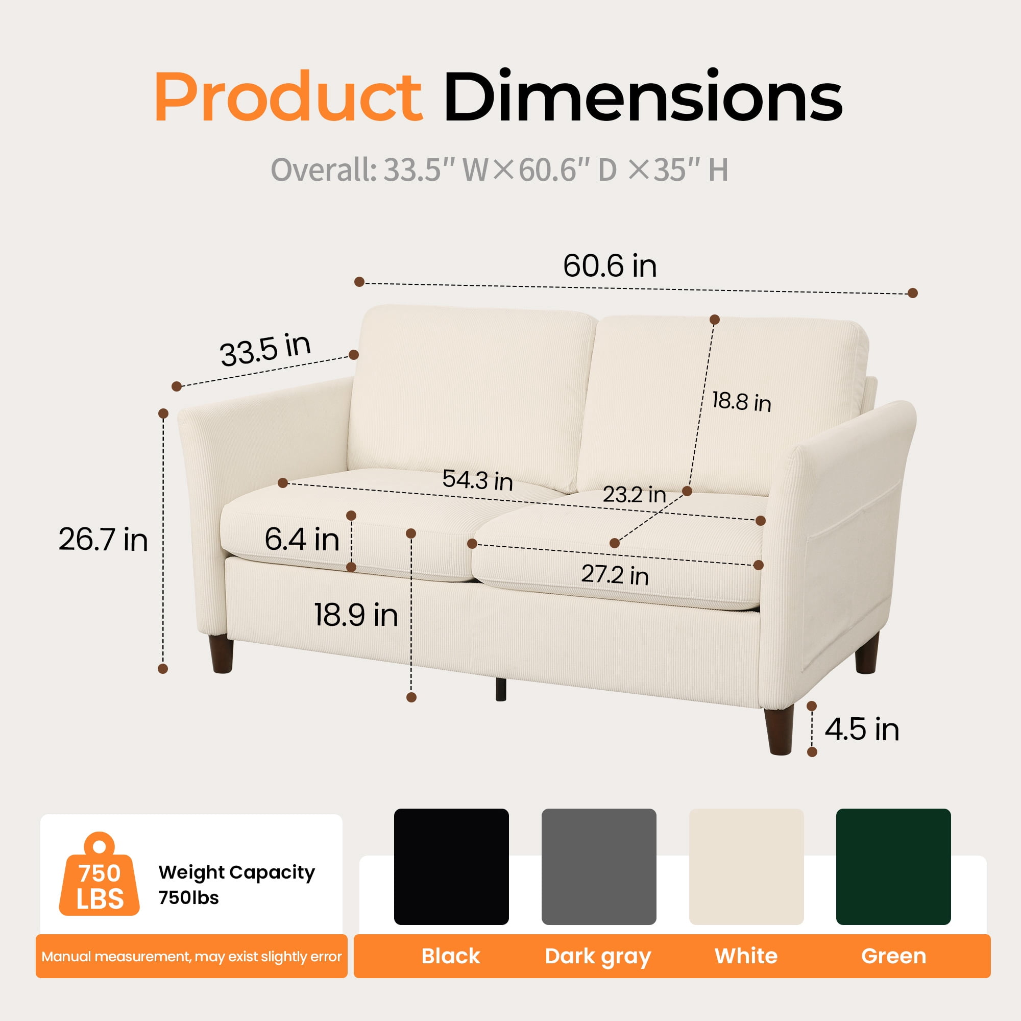 Poshby 60.6'' Corduroy Loveseat Sofas Comfy 2-Seater Couches with Side Pocket for Living Room, Beige