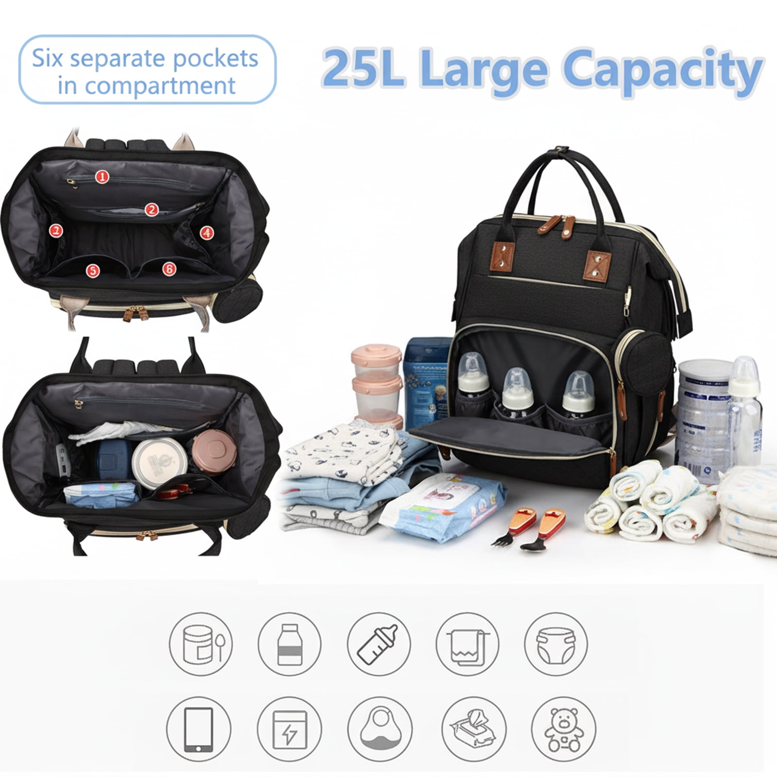 Oioane Baby Diaper Bag with Changing Station, Multifunctional Portable Backpack with USB Charging Port for Travel, Black