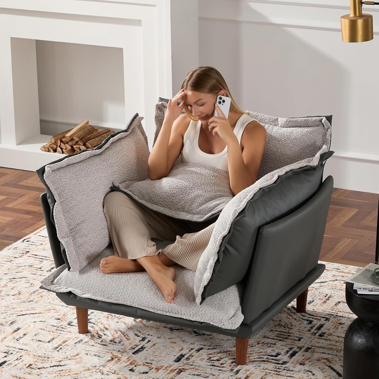 AENKYO Oversized Chenille Accent Chair, Modern Armchair, Soft Upholstered Sofa Chair for Living Room or Bedroom, Dark Gray