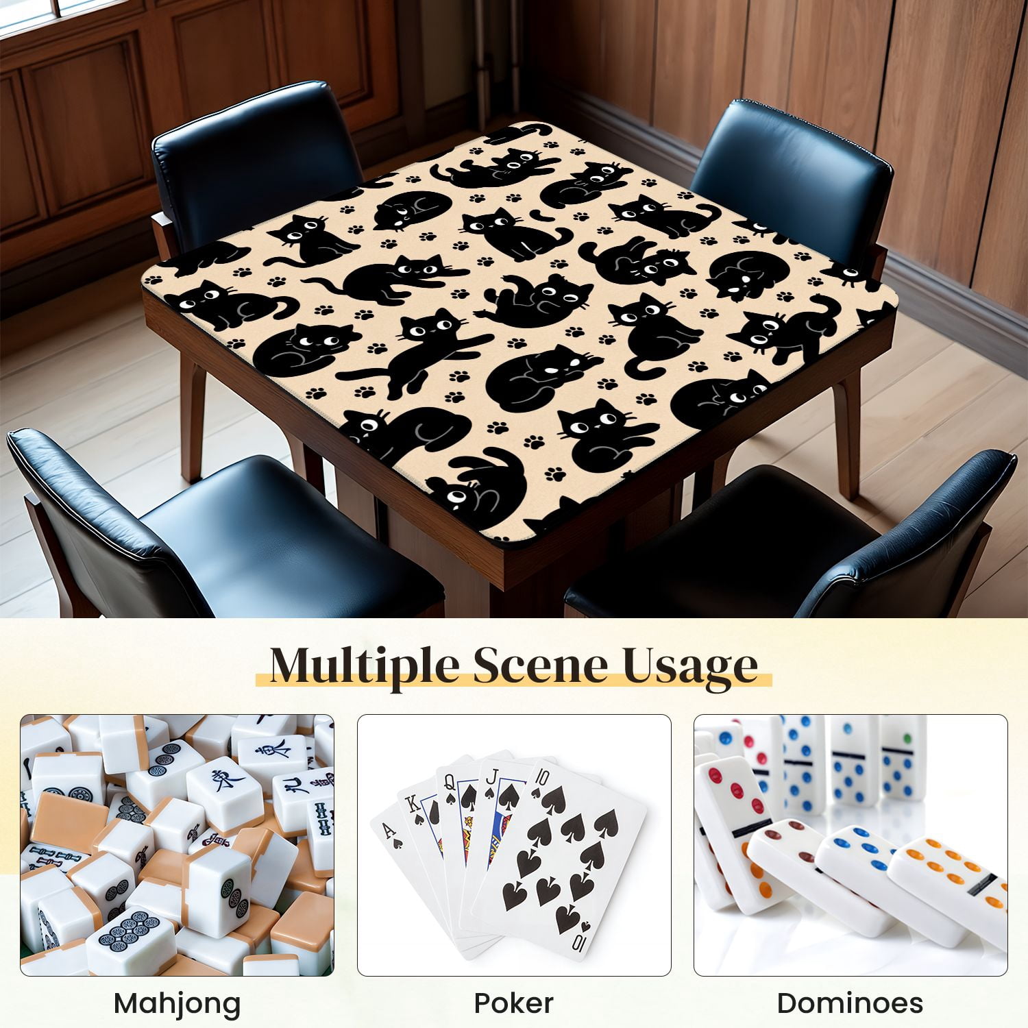 Mahjong Mat 31.5" x 31.5" Black Cat Playful Cats Paws Beige Non-Slip Noise Reduction Mahjong Tiles Table Cover for Dominoes Poker Card Board and Tile Games