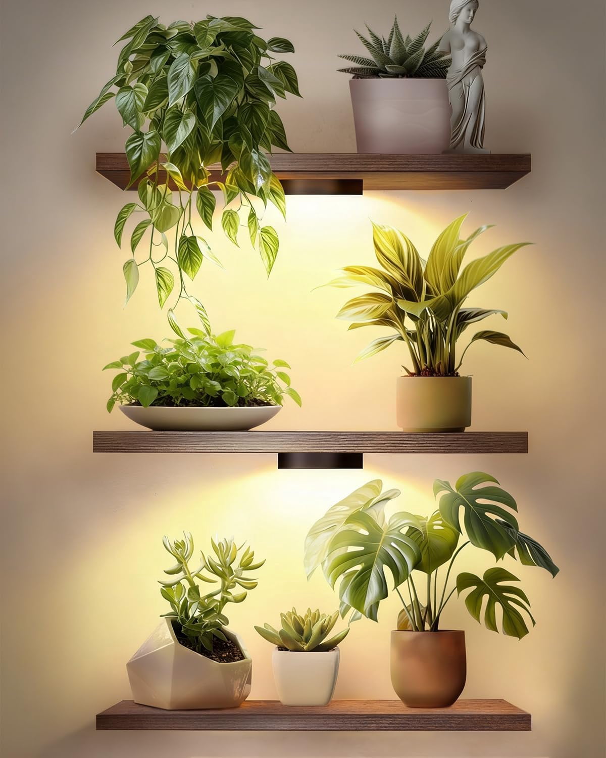 Floating Wall Shelves Set of 3 with Rechargeable Picture Lights, Wood Plant Display Shelves and Remote Control LED Lighting for Indoor Plants