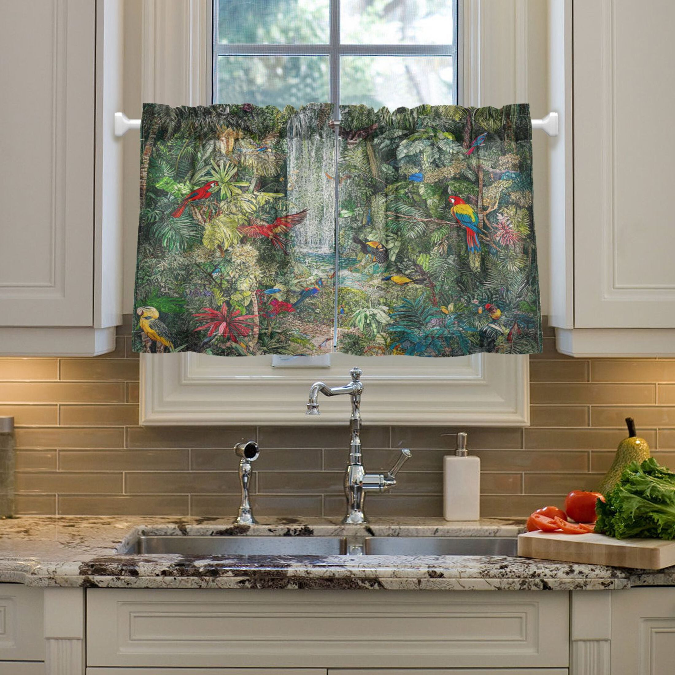 Oil Painting Forest 27"x36" Linen Look Cafe Curtain Set with Privacy and UV Protection