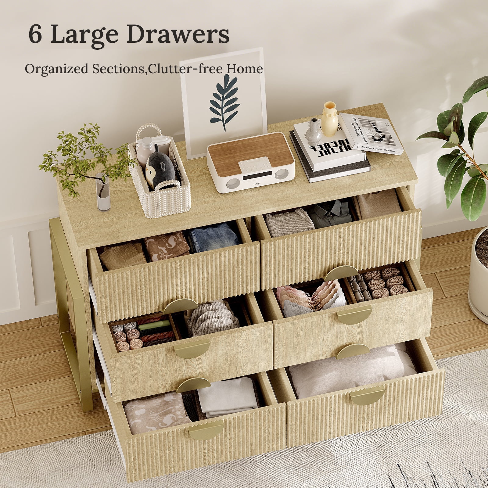 Holliwill 6 Drawer Dresser for Bedroom, Fluted Dresser Chest of Drawers for Living Room, Hallway, Oak