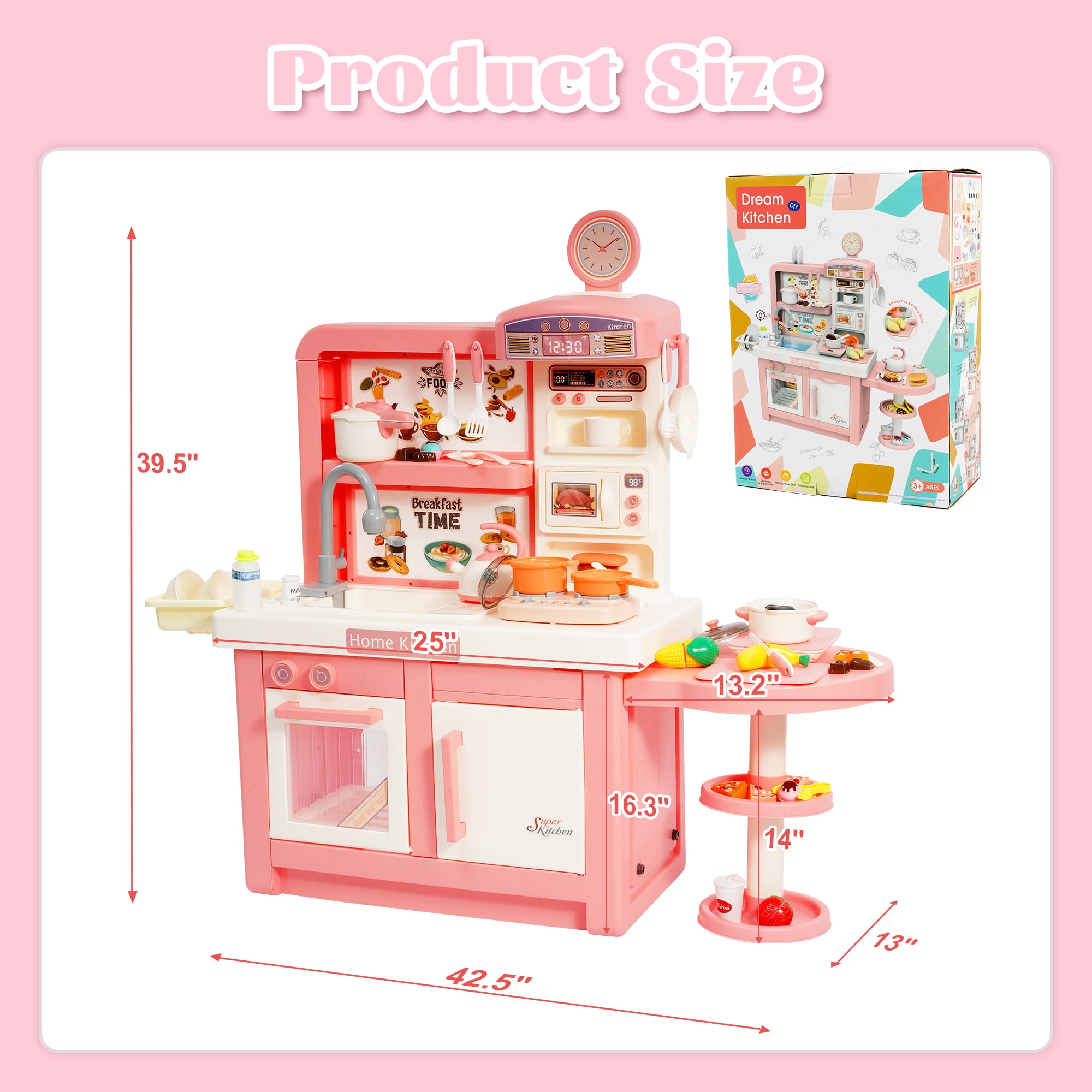 Signature Fitness 49-Piece Toddler Kitchen Playset，Pretend Food，with Stove, Sink, and Accessories, Interactive Lights & Sounds, Ideal for Ages 3+