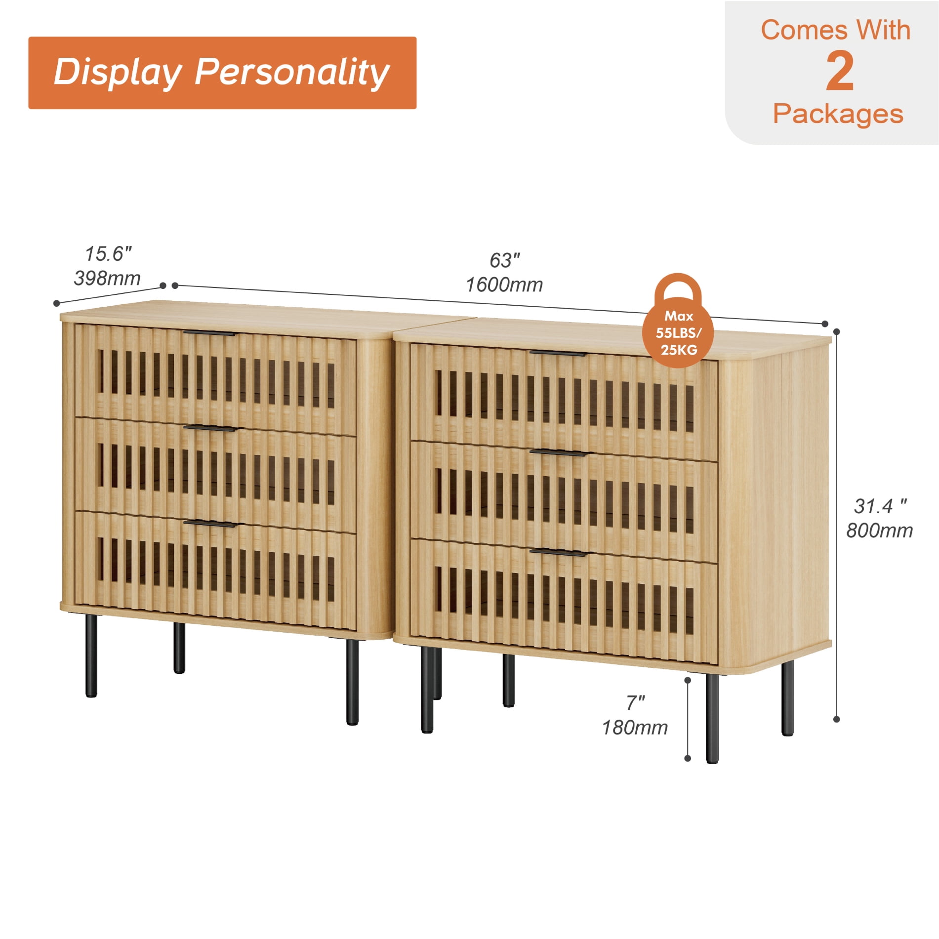 63"W Sideboard Buffet Cabinet with Storage, Fluted Kitchen Buffet Storage Cabinet with 6 Drawer, Large Coffee Bar Cabinet, Modern Buffet Table for Dining Living Room, Oak