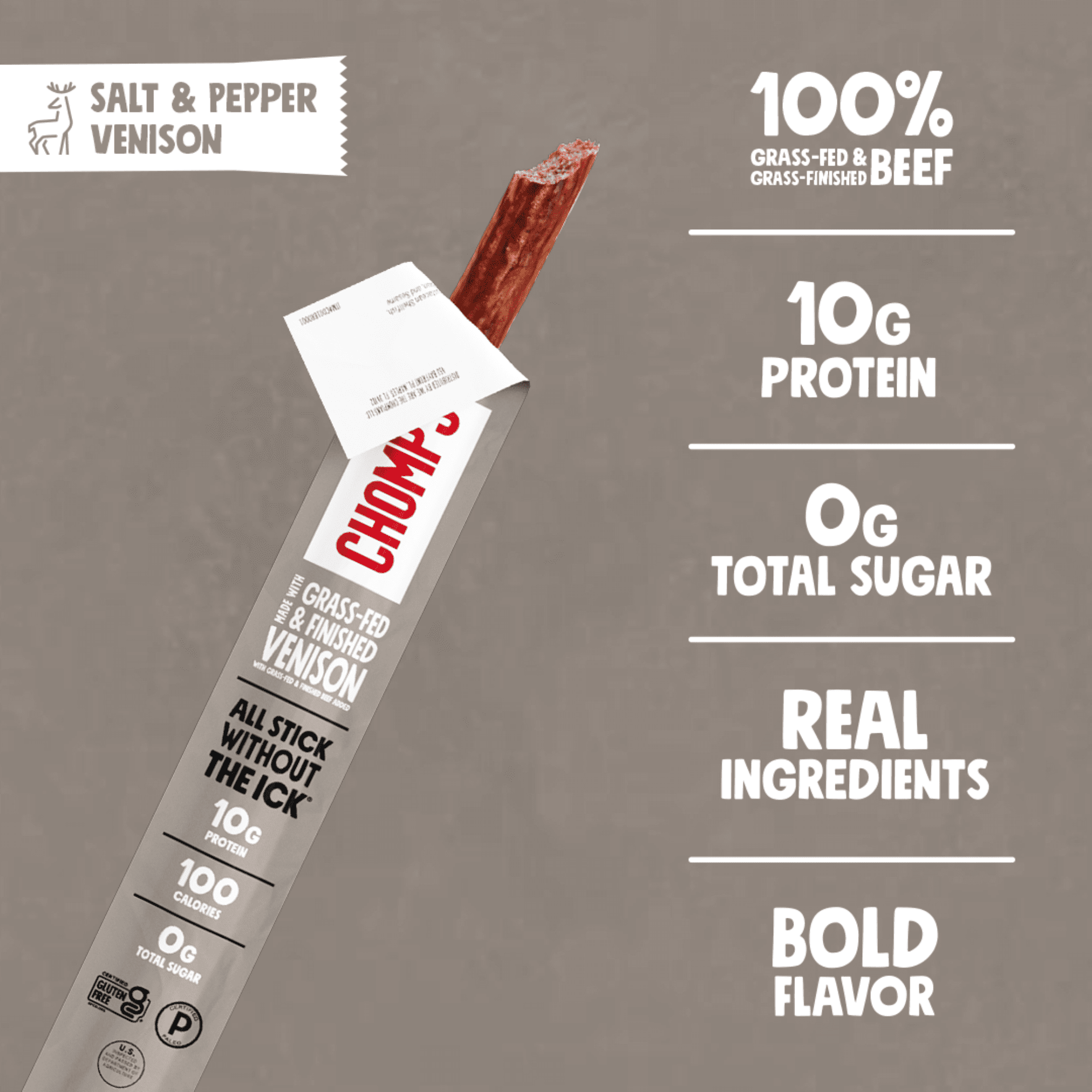 Chomps Sea Salt & Black Pepper Venison Jerky Snack Sticks, 10g of Protein