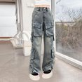 thumbnail image 2 of Kaemgyyd 5-16 Y Kids Girls Cargo Jeans Spring Fashion Wide Leg Denim Pants Boyfriend High Waist Button Baggy Trousers with Pockets, 2 of 7