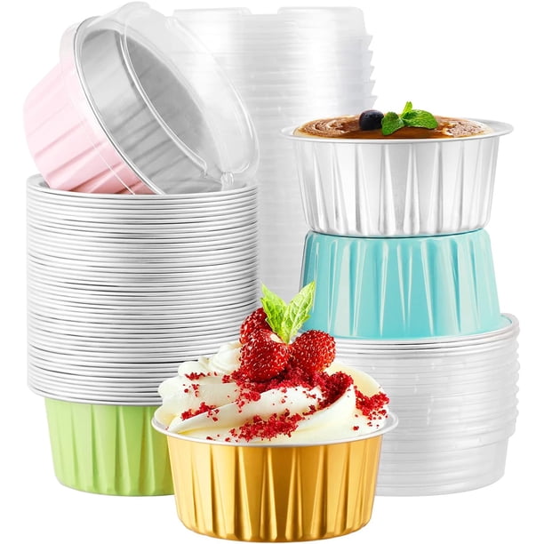 POWKOL Moldes desechables para ramequines, 5 colores surtidos, 25 mini moldes de aluminio para hornear con tapas, moldes para cupcakes, moldes para tartas de queso, moldes para flan, recipientes de