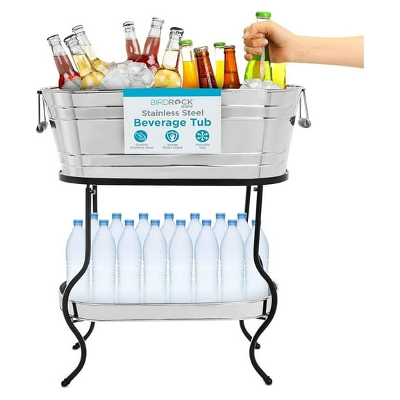Stainless Steel Beverage Tub with Stand - Bottom Tray - Ice Bucket - Party Drink Holder - Wooden Handles - Outdoor or Indoor Use - Free Standing
