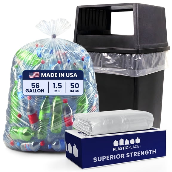 Plasticplace 56 Gallon Trash Bags │ 1.5 Mil │ Clear Heavy Duty Liners, Fits Glutton Garbage Can │ 43” x 46” (50 Count)