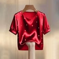 thumbnail image 2 of TaTaai Women's Summer Solid Round Neck Short Sleeve Top, Pearl Embellished Casual Professional Style, Lightweight Soft for Office Daily Wear Gift, 2 of 5