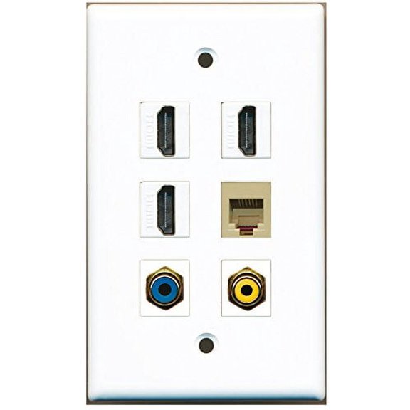 RiteAV - 3 HDMI 1 Port RCA Yellow 1 Port RCA Blue 1 Port Phone RJ11 RJ12 Beige Wall Plate