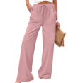 thumbnail image 4 of HKYNLAG Women Linen Pants Summer Casual Loose Wide Leg Palazzo Pants Drawstring High Waist Flowy Beach Trousers with Pockets Pink M, 4 of 7