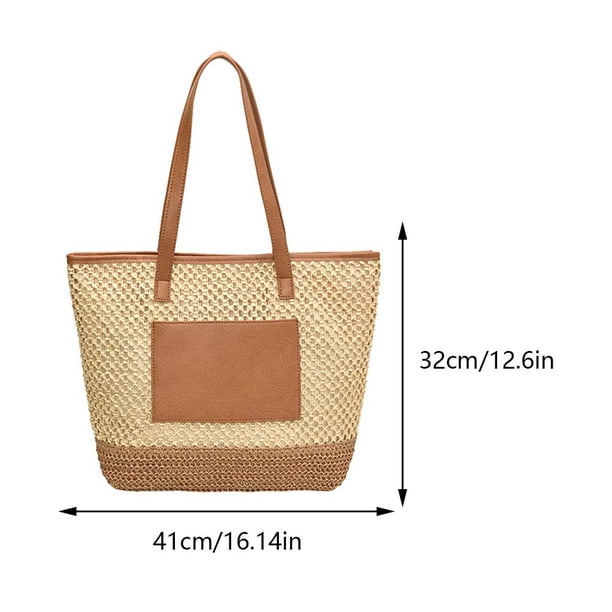 Bolso Playa Ganchillo Paja para Mujer Verano Bohemio PU Con Retales (Beige)